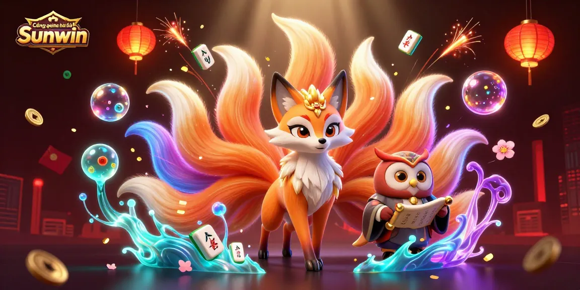 Cổng game bài đổi thưởng Sunwin showcases a vibrant scene with a nine-tailed fox, wise owl, and colorful game elements for immersive gaming.