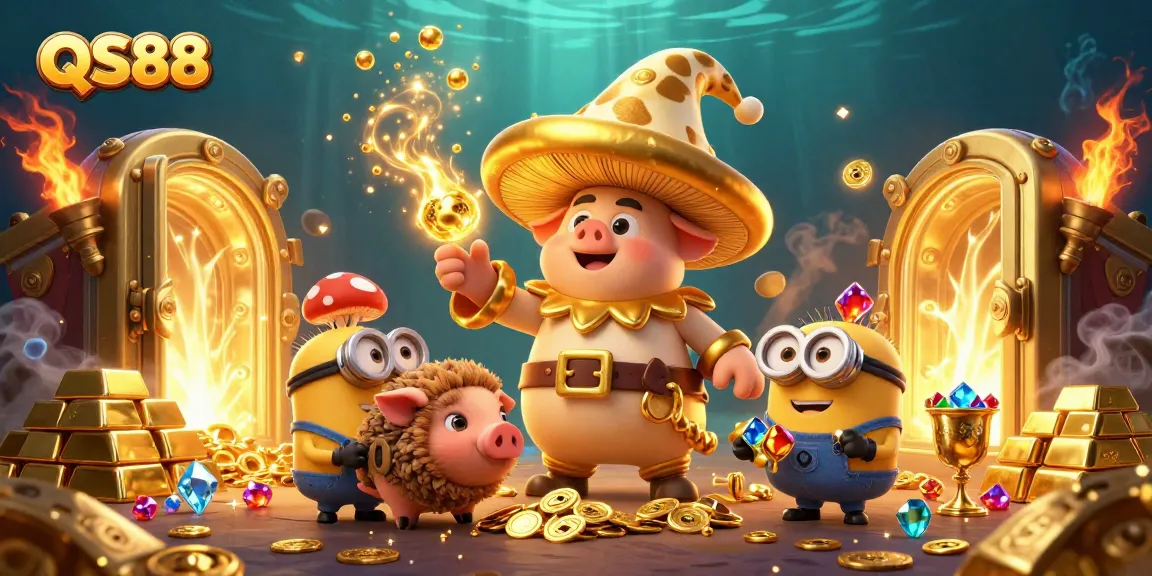 Experience the wealth of QS88 with a magical scene of a golden mushroom wizard and treasure elements.