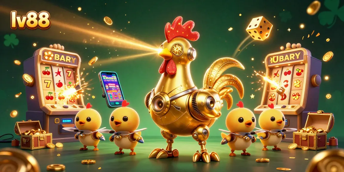 Experience the thrill of lv88 with golden rooster robots and jackpot excitement in a vibrant casino scene.