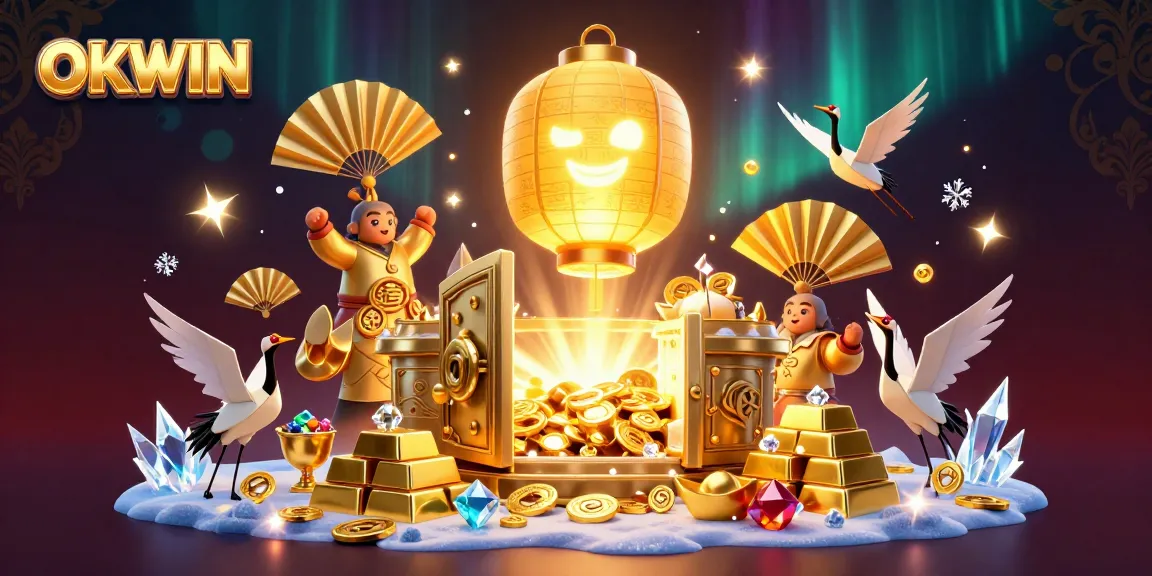 Experience the thrill with OKWIN as the golden lantern spirit illuminates a vibrant casino scene.