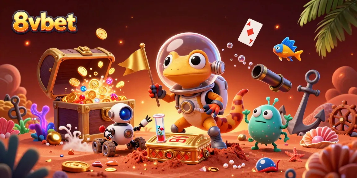 Experience 8vbet's thrilling casino adventure with a Martian gecko discovering treasures.