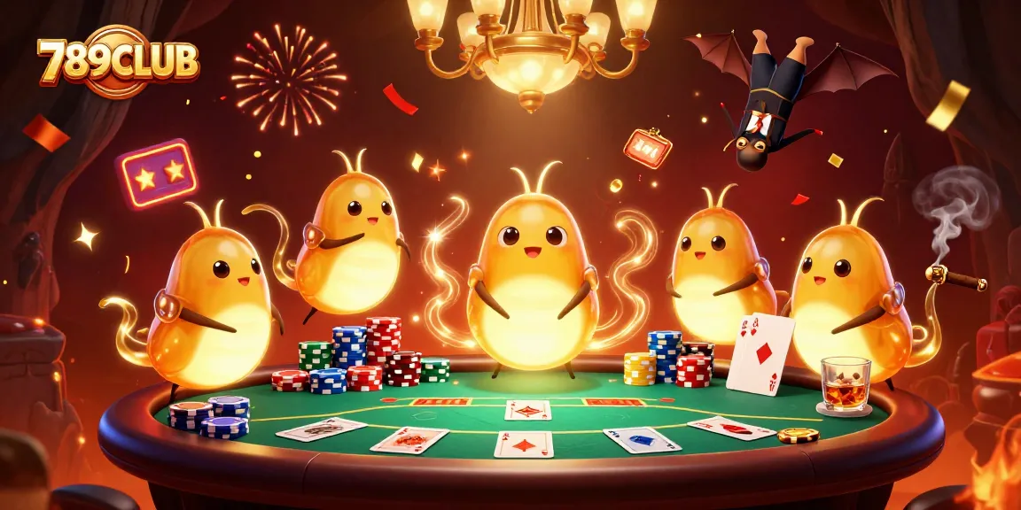Engage with the thrilling world of 789CLUB, featuring a vibrant casino scene with glowworms and a bat dealer.