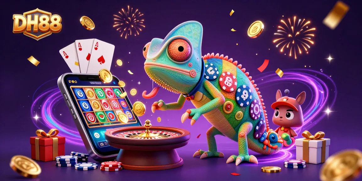 Experience the excitement of DH88 with casino games, chameleon owner, and vibrant scenes.