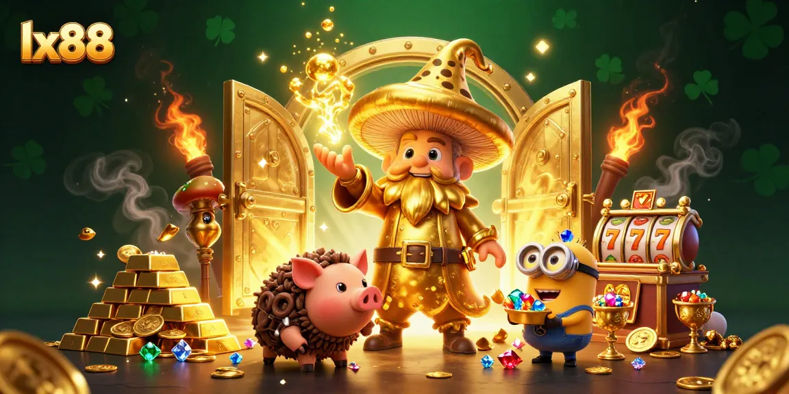 Engage with lx88 in a vibrant treasure-filled scene showcasing wizardry, slots, and golden gems.