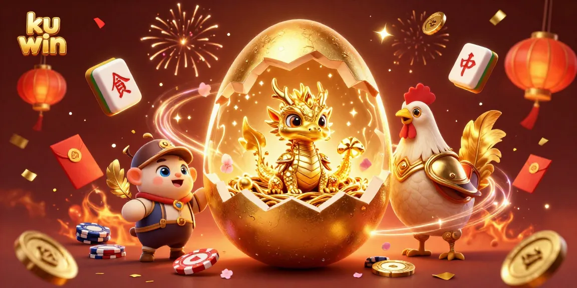 Join the fun at ku win, where a golden dragon reveals poker chip treasures amidst festive celebrations.