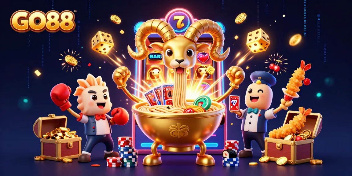 Engage in thrilling gameplay with GO88 in an electrifying casino scene filled with vibrant characters and elements.
